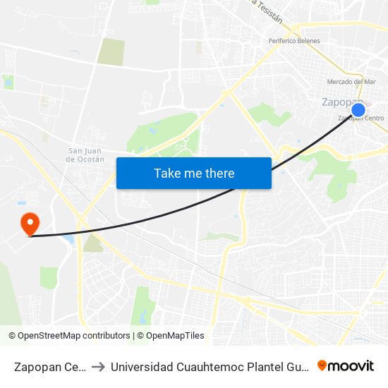 Zapopan Centro to Universidad Cuauhtemoc Plantel Guadalajara map