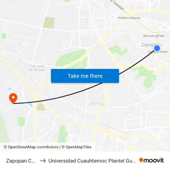 Zapopan Centro to Universidad Cuauhtemoc Plantel Guadalajara map