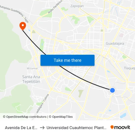 Avenida De La Escultura to Universidad Cuauhtemoc Plantel Guadalajara map