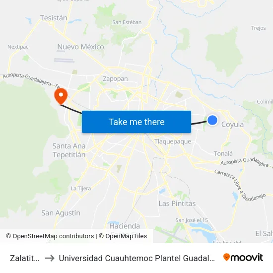 Zalatitán to Universidad Cuauhtemoc Plantel Guadalajara map