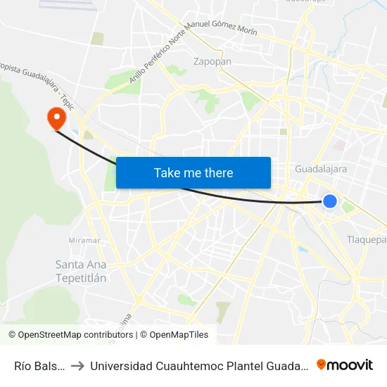 Río Balsas to Universidad Cuauhtemoc Plantel Guadalajara map