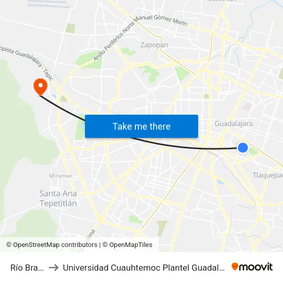 Río Bravo to Universidad Cuauhtemoc Plantel Guadalajara map