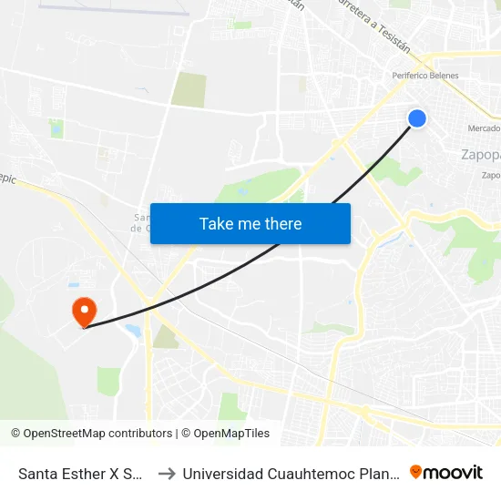 Santa Esther X Santa Laura to Universidad Cuauhtemoc Plantel Guadalajara map