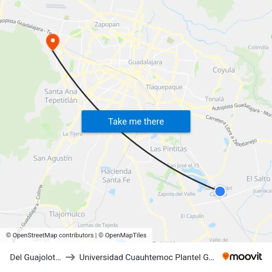 Del Guajolote, 8a to Universidad Cuauhtemoc Plantel Guadalajara map