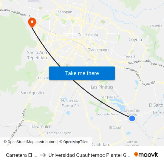 Carretera El Salto to Universidad Cuauhtemoc Plantel Guadalajara map