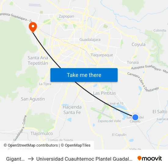 Gigantes to Universidad Cuauhtemoc Plantel Guadalajara map