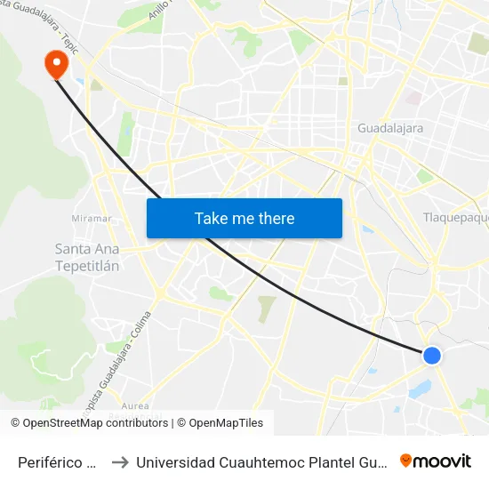 Periférico Sur 2 to Universidad Cuauhtemoc Plantel Guadalajara map