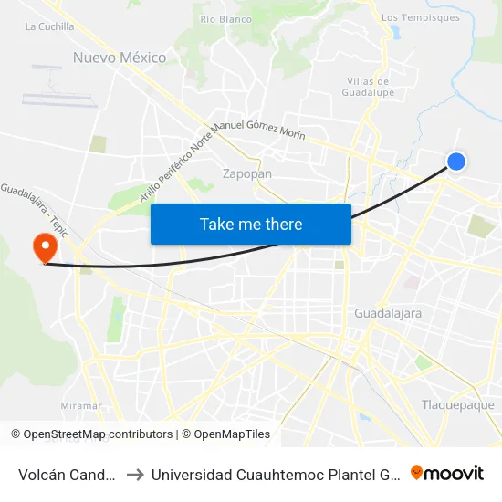 Volcán Candavare to Universidad Cuauhtemoc Plantel Guadalajara map