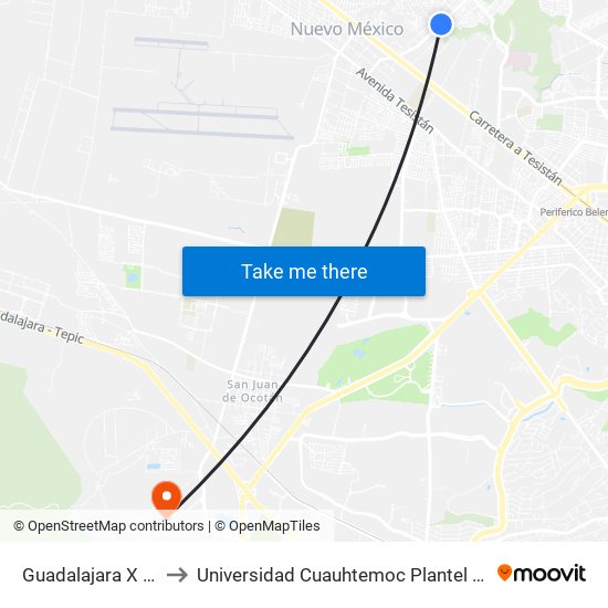 Guadalajara X Álamo to Universidad Cuauhtemoc Plantel Guadalajara map