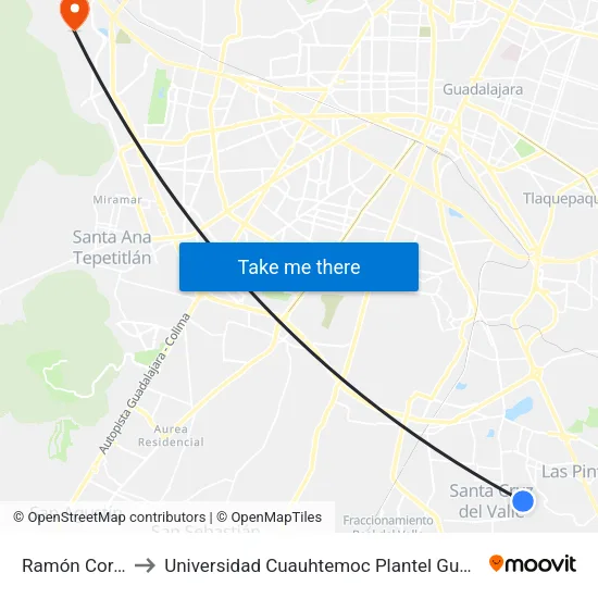 Ramón Corona to Universidad Cuauhtemoc Plantel Guadalajara map