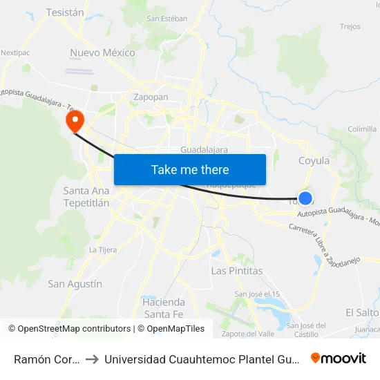 Ramón Corona to Universidad Cuauhtemoc Plantel Guadalajara map