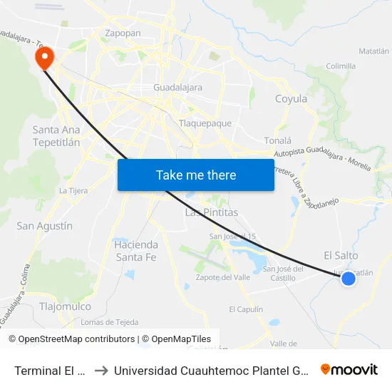 Terminal El Salto to Universidad Cuauhtemoc Plantel Guadalajara map