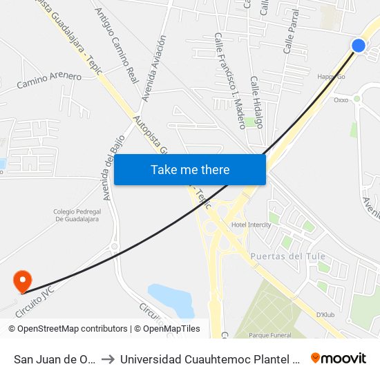 San Juan de Ocotán to Universidad Cuauhtemoc Plantel Guadalajara map