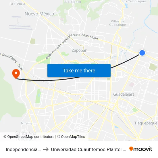 Independencia Norte to Universidad Cuauhtemoc Plantel Guadalajara map