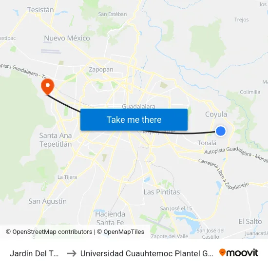 Jardín Del Tulipán to Universidad Cuauhtemoc Plantel Guadalajara map
