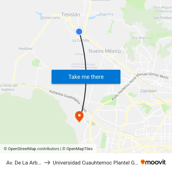 Av. De La Arboleda to Universidad Cuauhtemoc Plantel Guadalajara map