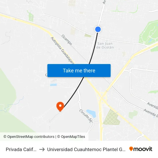 Privada California to Universidad Cuauhtemoc Plantel Guadalajara map
