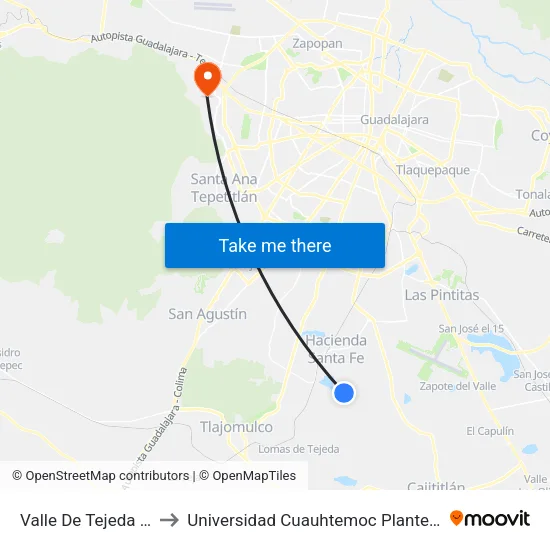 Valle De Tejeda Etapa 2 to Universidad Cuauhtemoc Plantel Guadalajara map