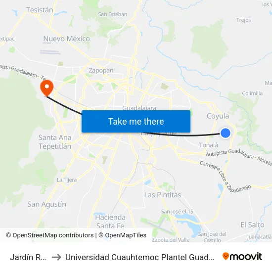Jardín Real to Universidad Cuauhtemoc Plantel Guadalajara map