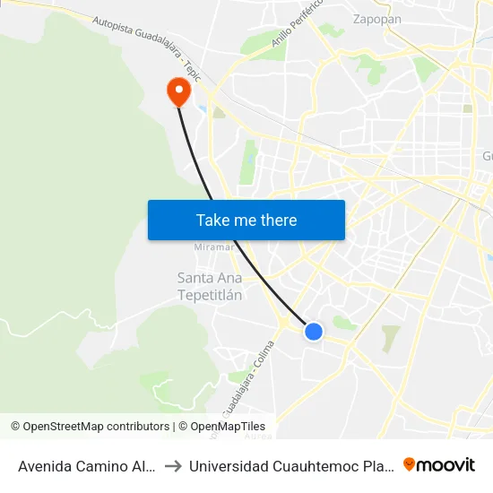 Avenida Camino Al Iteso, 8636 to Universidad Cuauhtemoc Plantel Guadalajara map