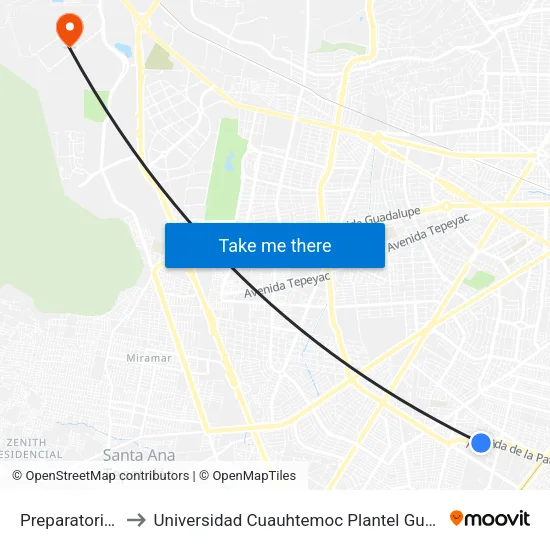 Preparatoria 13 to Universidad Cuauhtemoc Plantel Guadalajara map