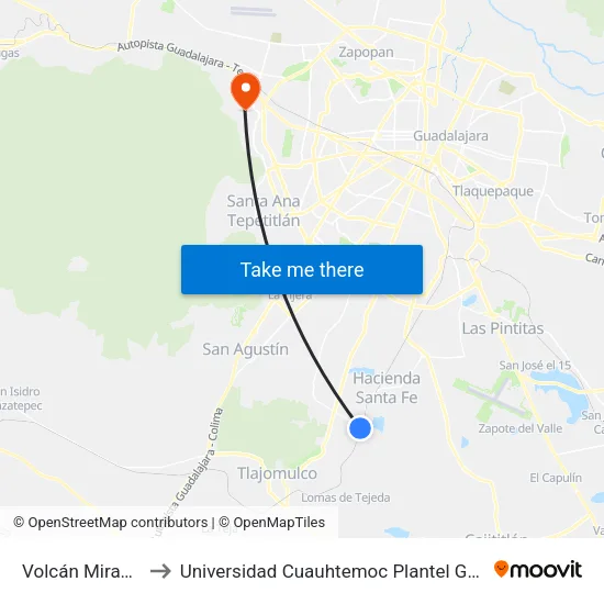 Volcán Miravalles to Universidad Cuauhtemoc Plantel Guadalajara map