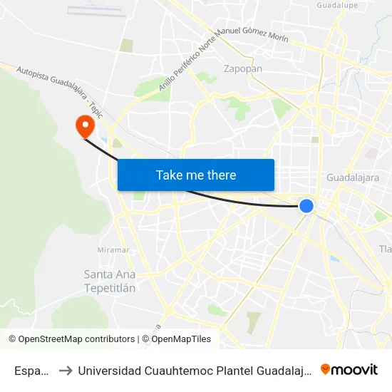 España to Universidad Cuauhtemoc Plantel Guadalajara map