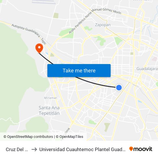 Cruz Del Sur to Universidad Cuauhtemoc Plantel Guadalajara map
