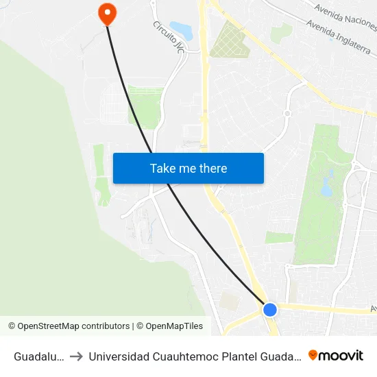 Guadalupe to Universidad Cuauhtemoc Plantel Guadalajara map