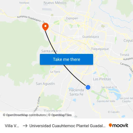 Villa Vera to Universidad Cuauhtemoc Plantel Guadalajara map