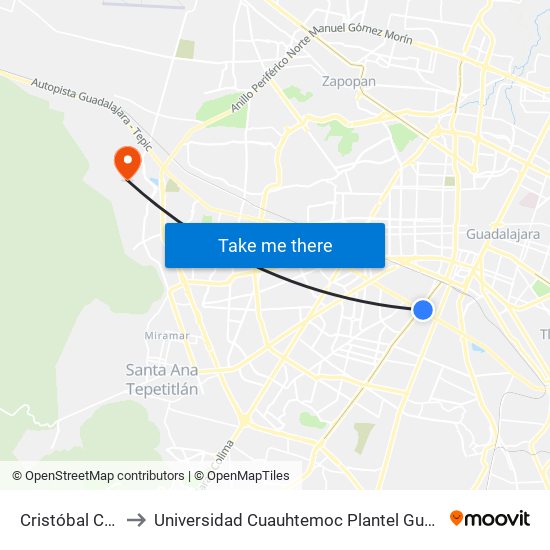 Cristóbal Colón to Universidad Cuauhtemoc Plantel Guadalajara map