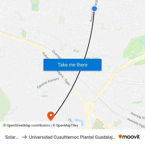 Solares to Universidad Cuauhtemoc Plantel Guadalajara map
