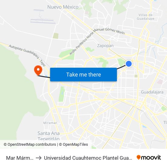 Mar Mármara to Universidad Cuauhtemoc Plantel Guadalajara map