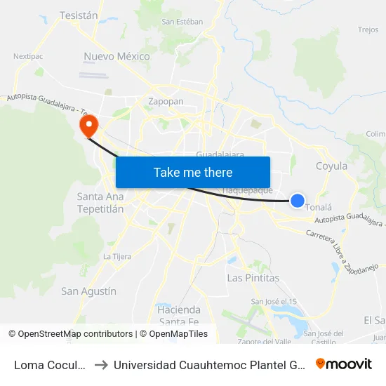 Loma Cocula Ote to Universidad Cuauhtemoc Plantel Guadalajara map