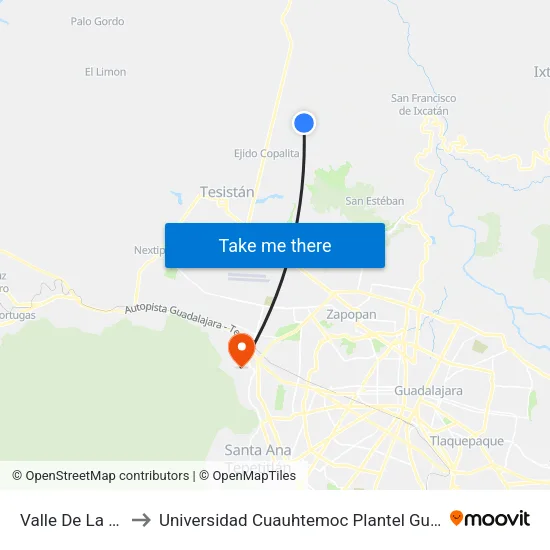 Valle De La Luna to Universidad Cuauhtemoc Plantel Guadalajara map