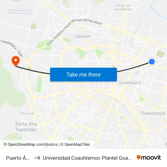 Puerto Ángel to Universidad Cuauhtemoc Plantel Guadalajara map