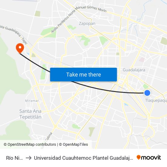 Río Nilo to Universidad Cuauhtemoc Plantel Guadalajara map