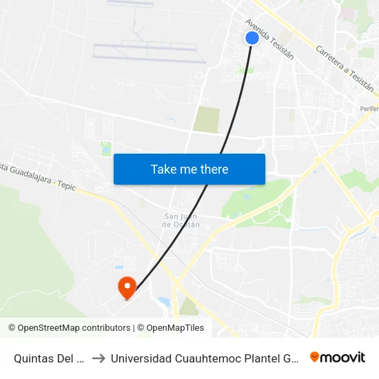 Quintas Del Valle to Universidad Cuauhtemoc Plantel Guadalajara map