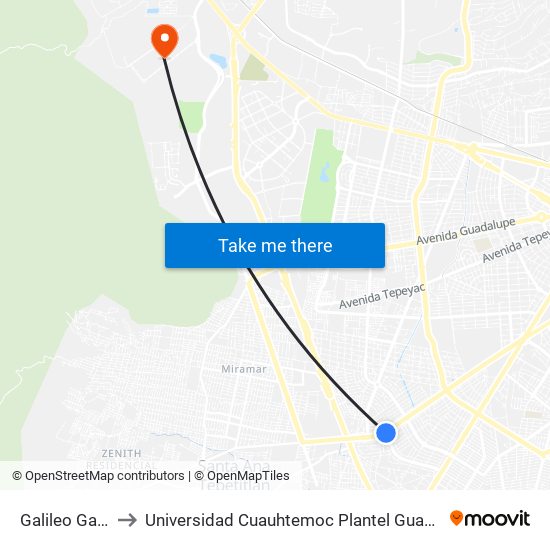 Galileo Galilei to Universidad Cuauhtemoc Plantel Guadalajara map