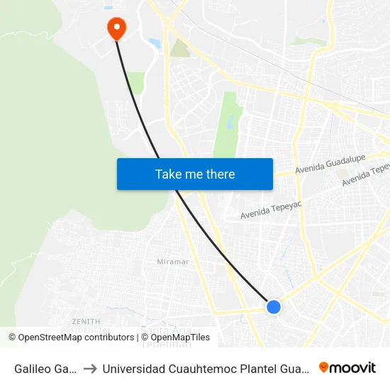Galileo Galilei to Universidad Cuauhtemoc Plantel Guadalajara map