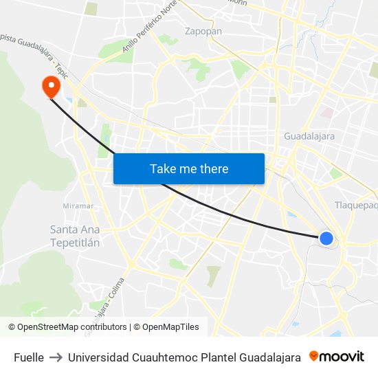 Fuelle to Universidad Cuauhtemoc Plantel Guadalajara map