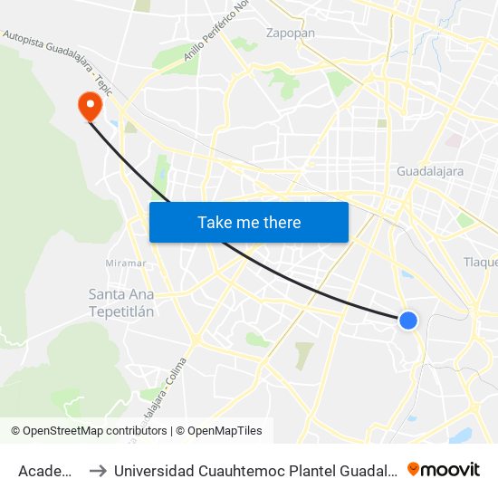 Academia to Universidad Cuauhtemoc Plantel Guadalajara map