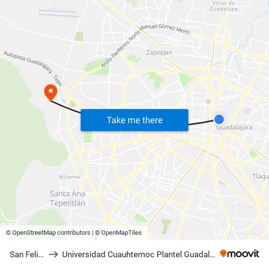 San Felipe to Universidad Cuauhtemoc Plantel Guadalajara map