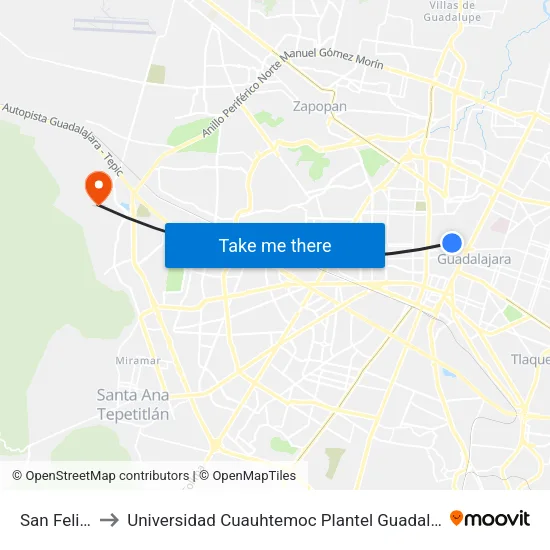 San Felipe to Universidad Cuauhtemoc Plantel Guadalajara map
