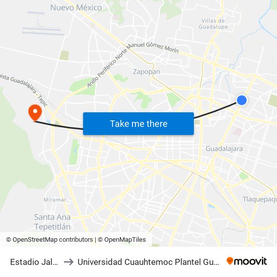Estadio Jalisco to Universidad Cuauhtemoc Plantel Guadalajara map