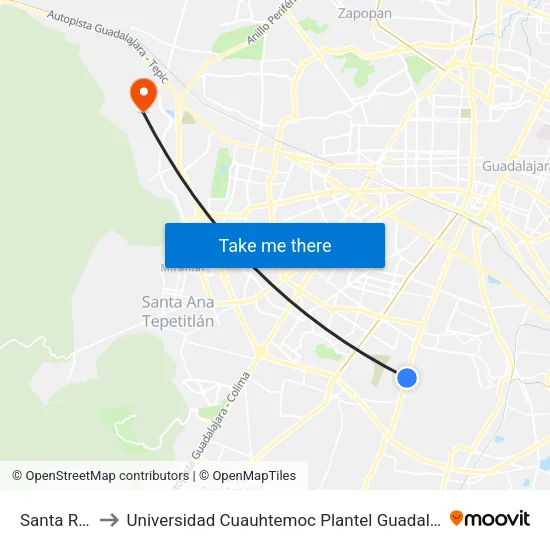 Santa Rita to Universidad Cuauhtemoc Plantel Guadalajara map