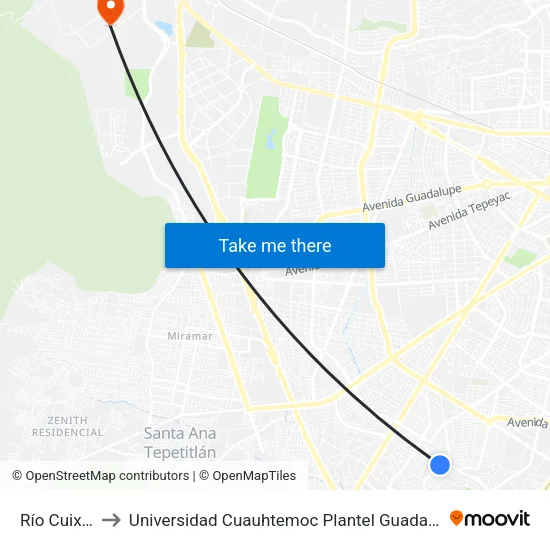 Río Cuixtle to Universidad Cuauhtemoc Plantel Guadalajara map