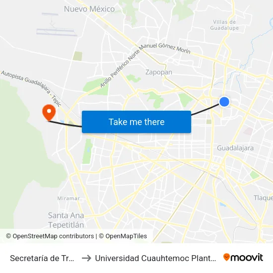 Secretaría de Transporte to Universidad Cuauhtemoc Plantel Guadalajara map