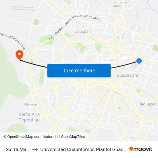 Sierra Madre to Universidad Cuauhtemoc Plantel Guadalajara map