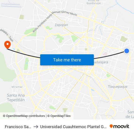 Francisco Sarabia to Universidad Cuauhtemoc Plantel Guadalajara map